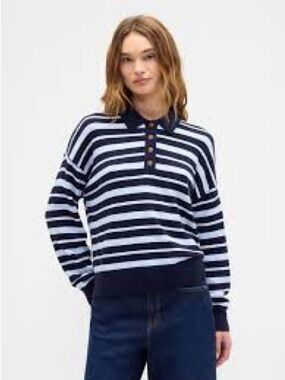 GAP Navy and White Striped V‑Neck Polo Sweater